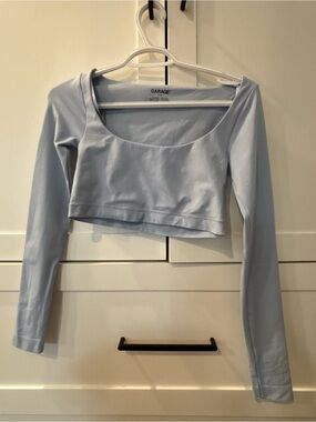 Garage Light Blue Scoop Neck Long-Sleeve Crop Top